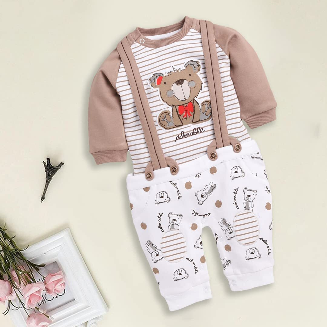 Baby Go 100% Cotton Full Sleeves Dungaree/Overall For Baby Boys And Girls (6-12 Months, Beige)