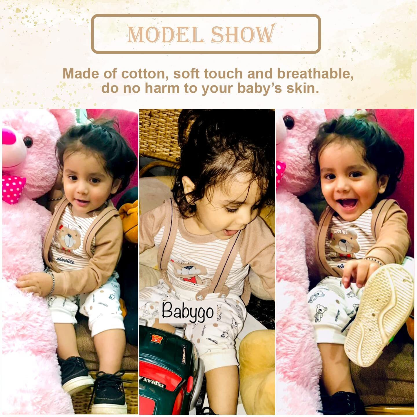 Baby Go 100% Cotton Full Sleeves Dungaree/Overall For Baby Boys And Girls (3-6 Months, Beige)