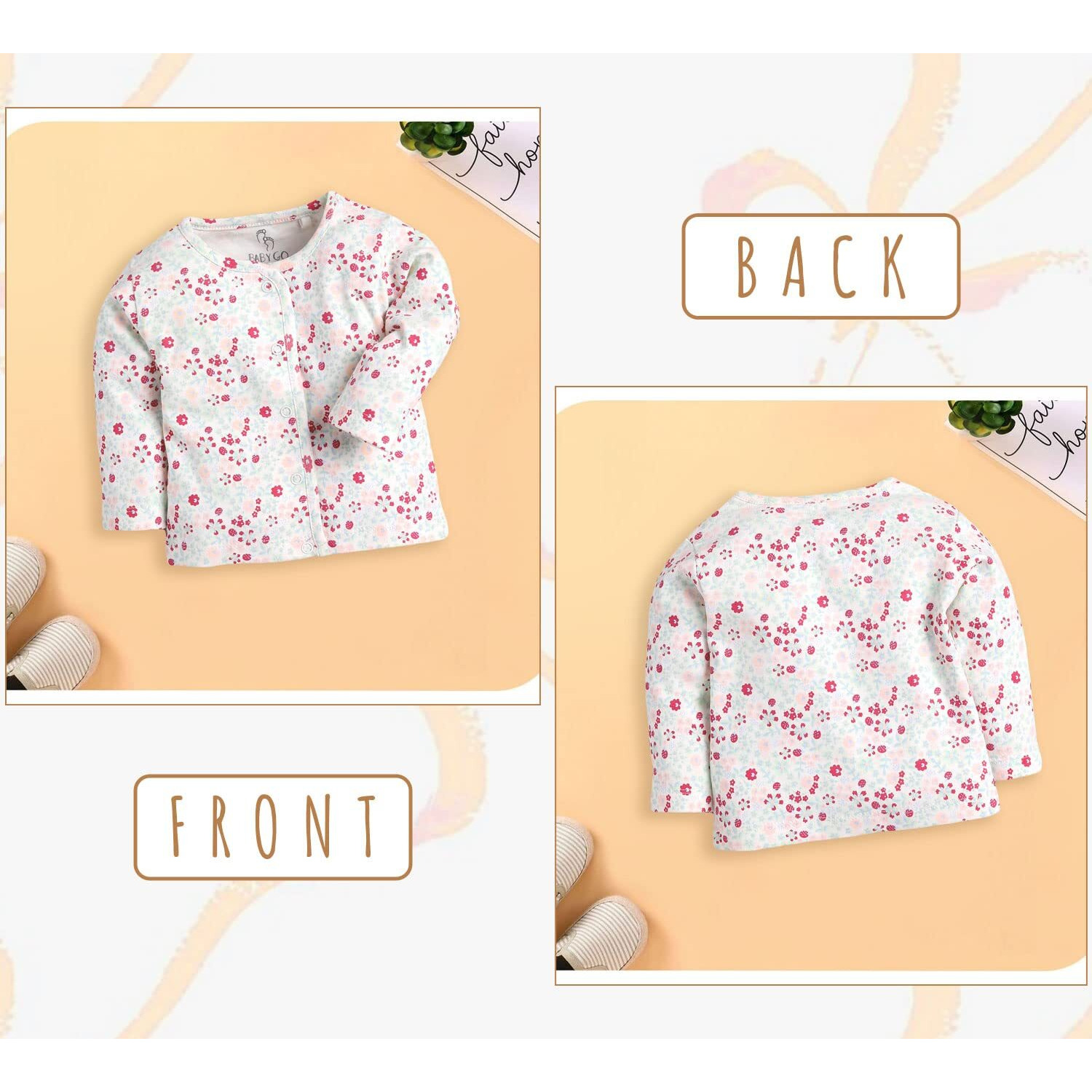 Baby Go Soft Cotton Regular Fit Round Neck Front Open Full Sleeve Pack Of 3 T Shirts For Baby Boys (6-9M/Peach)