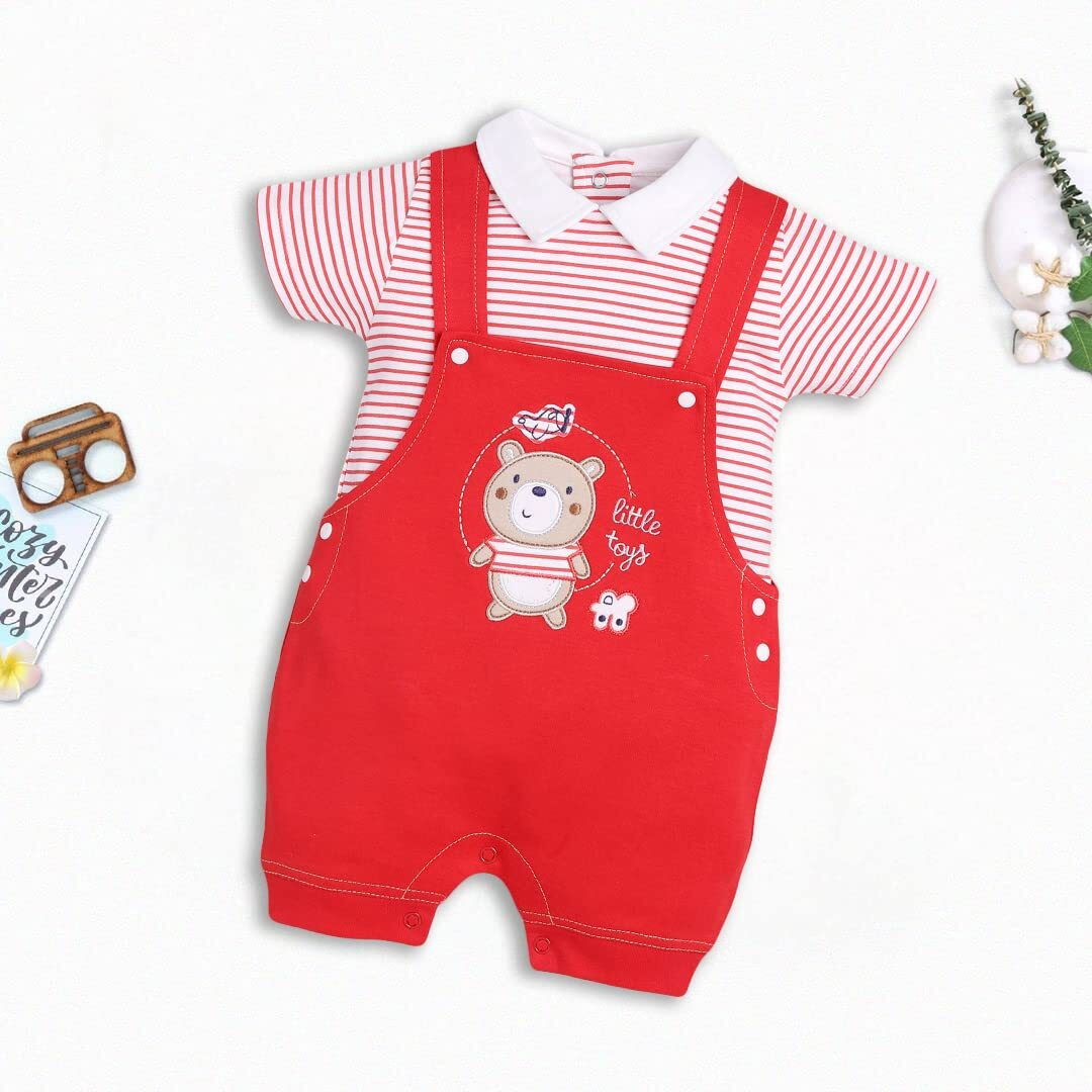 Baby Go 100% Pure Cotton Dungaree In Red For Baby Boys (12-18 Months)