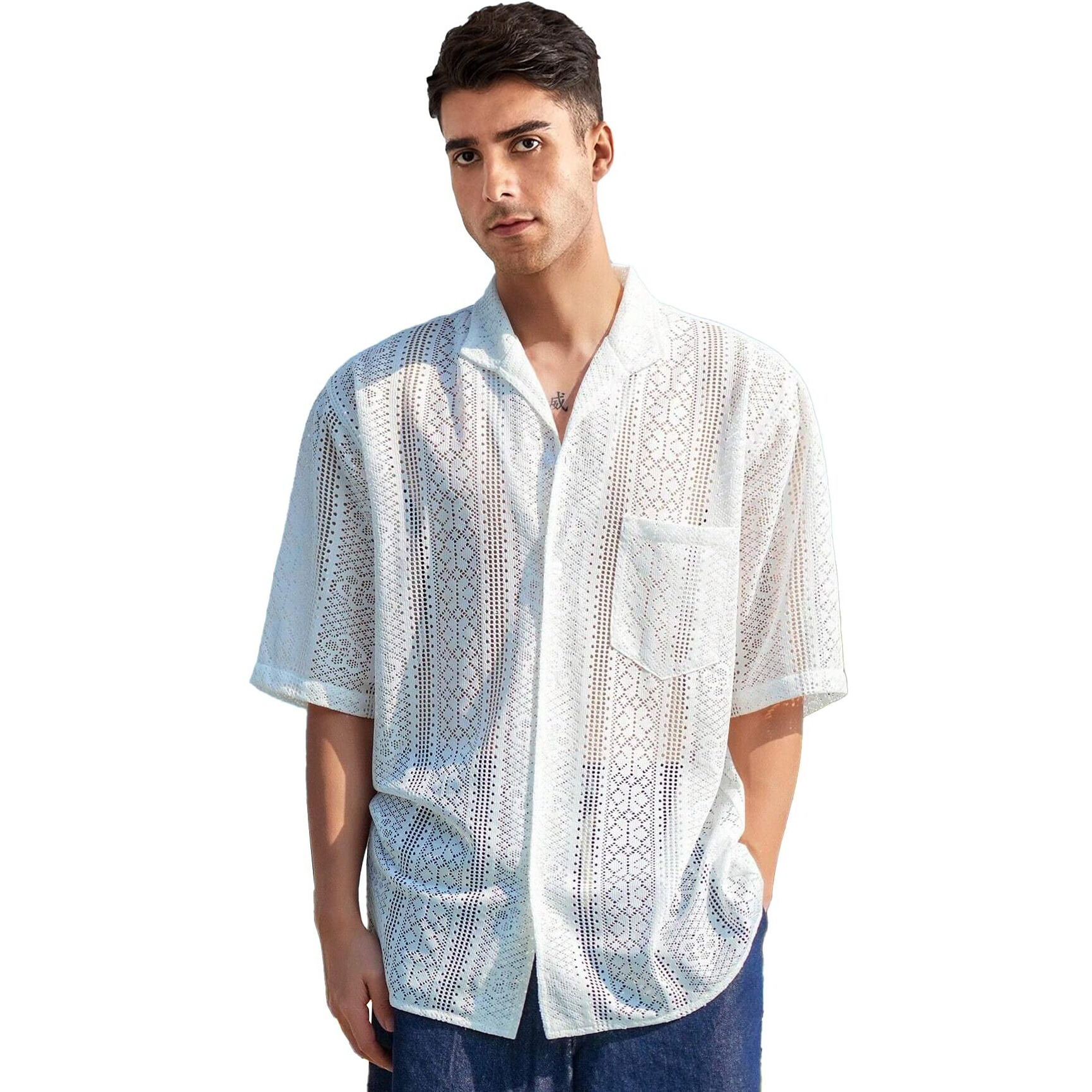 Be Active Men's Casual Cotton Blend Crochet Textured Shirt || Half Sleeve Shirt || Men Casual Shirt || Casual Wear Shirts (Him0127 1 M) Off White