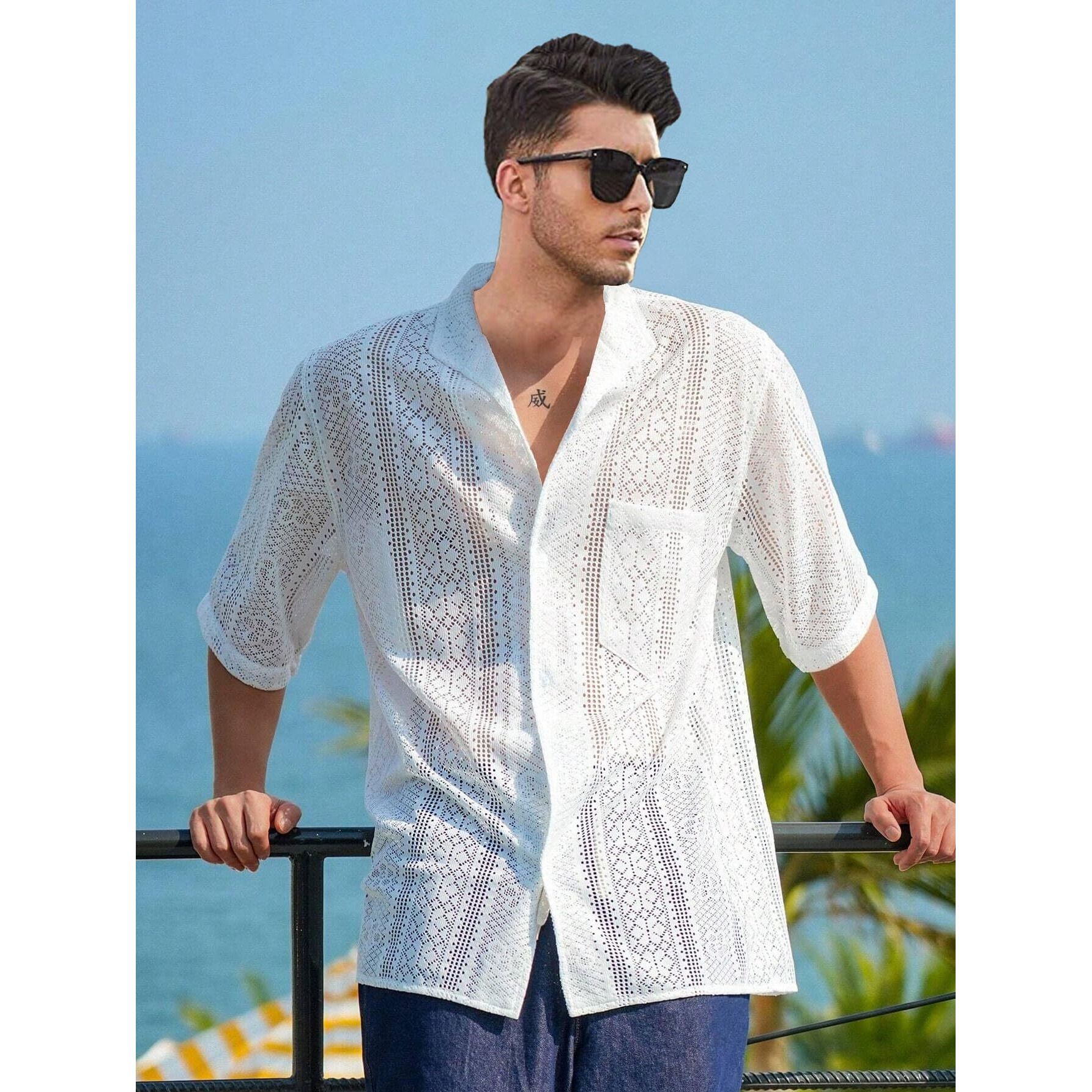 Be Active Men's Casual Cotton Blend Crochet Textured Shirt || Half Sleeve Shirt || Men Casual Shirt || Casual Wear Shirts (Him0127 1 M) Off White