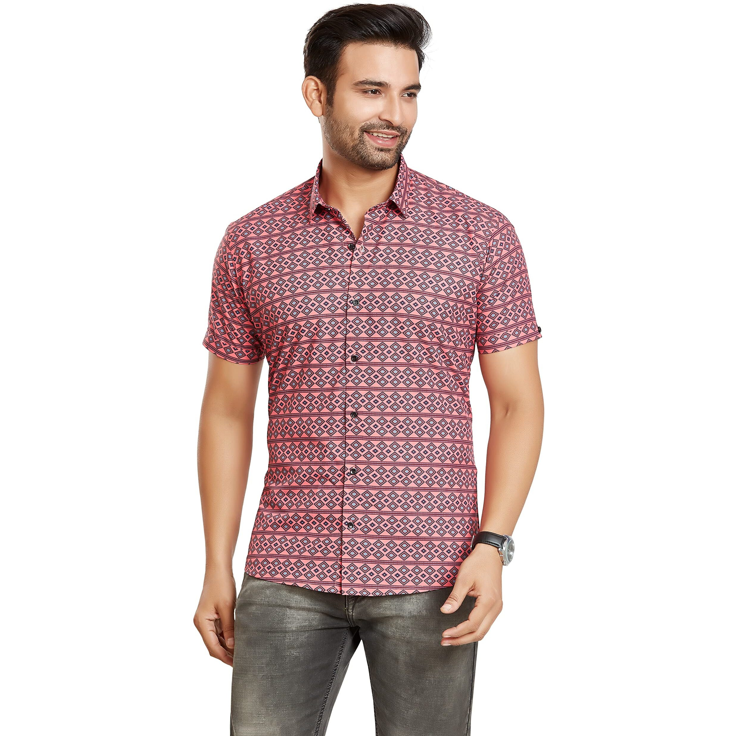 Be Active Men's Casual Cotton Blend Printed Shirt || Half Sleeve Shirt || Men Casual Shirt || Casual Wear Shirts (H-Pr0517 0 Xl) Red