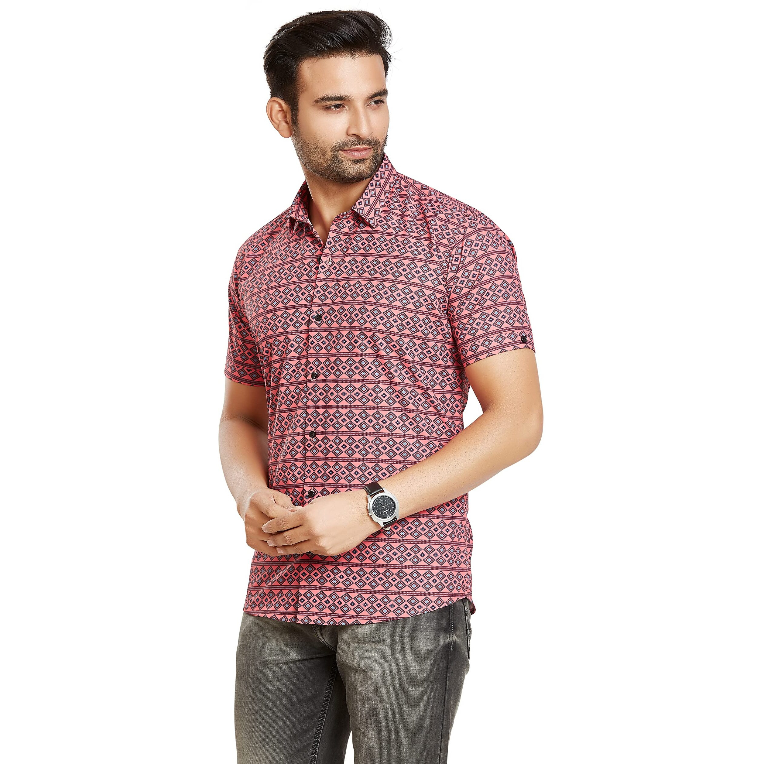Be Active Men's Casual Cotton Blend Printed Shirt || Half Sleeve Shirt || Men Casual Shirt || Casual Wear Shirts (H-Pr0517 0 Xl) Red
