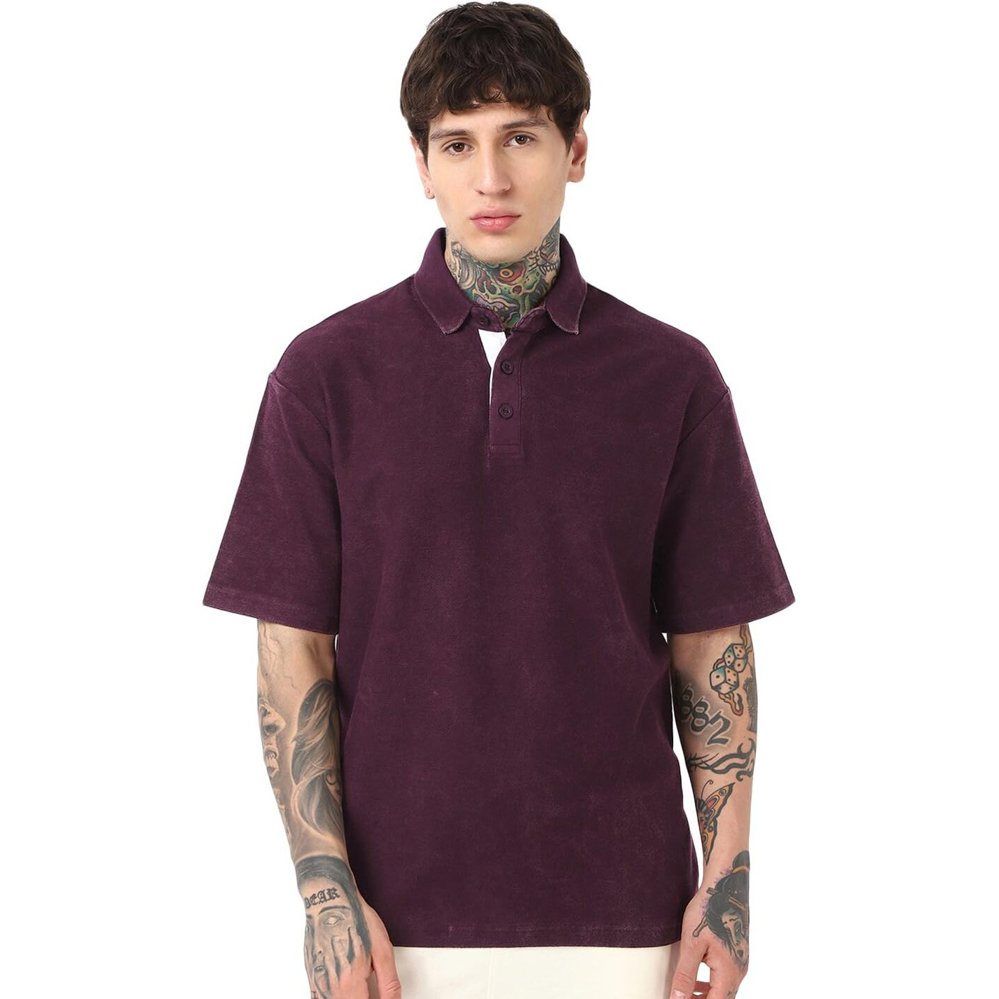 Bewakoof Heavy Duty 1.0 Men's Self Design Oversized Fit Half Sleeve Polo Cotton T-Shirt_657308_Purple_Xl