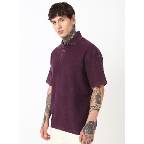 Bewakoof Heavy Duty 1.0 Men's Self Design Oversized Fit Half Sleeve Polo Cotton T-Shirt_657308_Purple_Xl