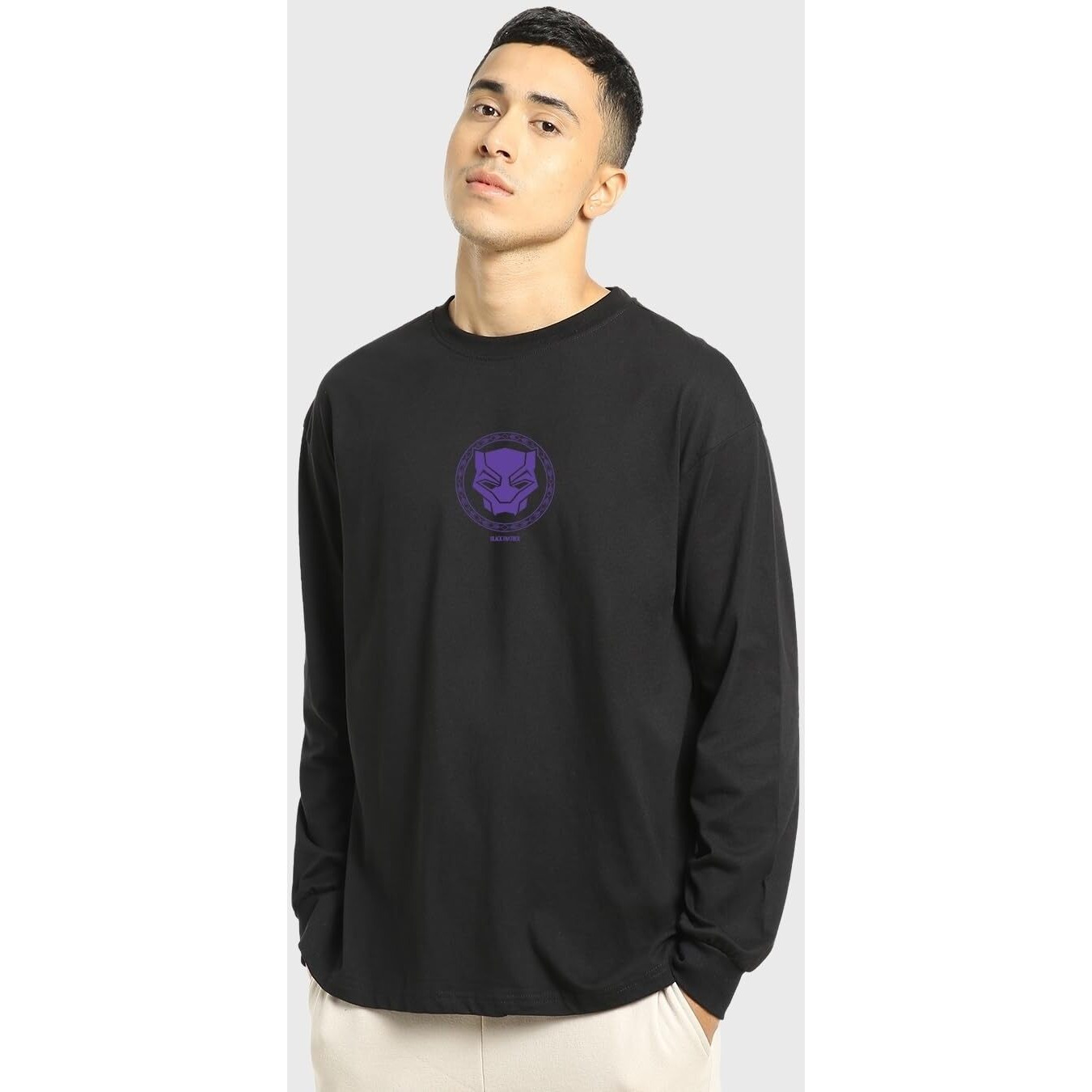 Bewakoof Men's Wakanda Forever 2.0 Graphic Print Black Round Neck Full Sleeve Oversized T-Shirt