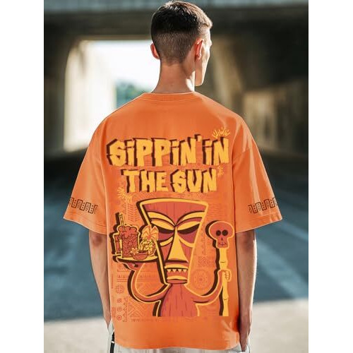 Bewakoof Men's Graphic Print Oversized Fit Half Sleeve Round Neck Cotton T-Shirt_666848_Orange_3Xl
