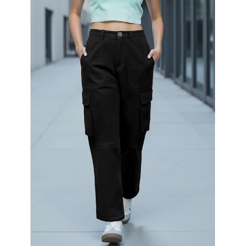 Bewakoof Women's Solid Regular Fit Cotton Blend Cargo Pants_ 620005 Black_ 34