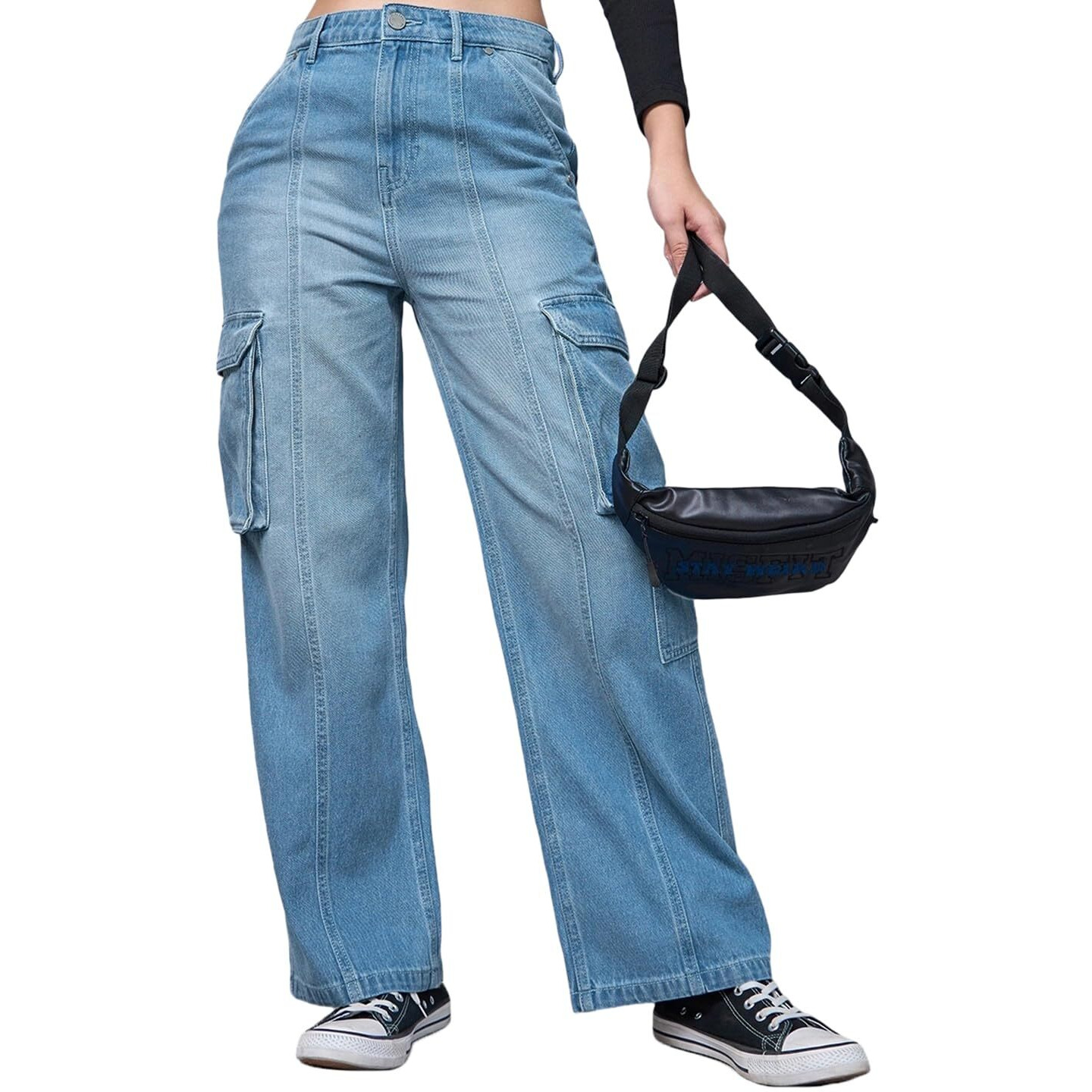 Bewakoof Women's Solid Straight Fit Cotton Cargo Jeans_625163_Blue_30