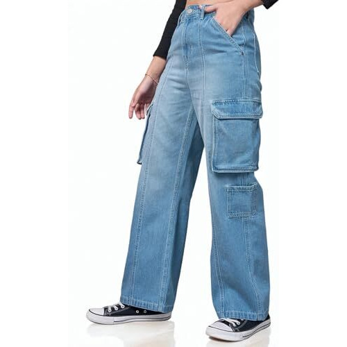 Bewakoof Women's Solid Straight Fit Cotton Cargo Jeans_625163_Blue_30