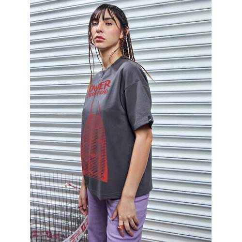 Bewakoof Heavy Duty 1.0 Women's Graphic Printed Oversized Fit Half Sleeve Round Neck Terry T-Shirt_ 620617 Grey 3Xl