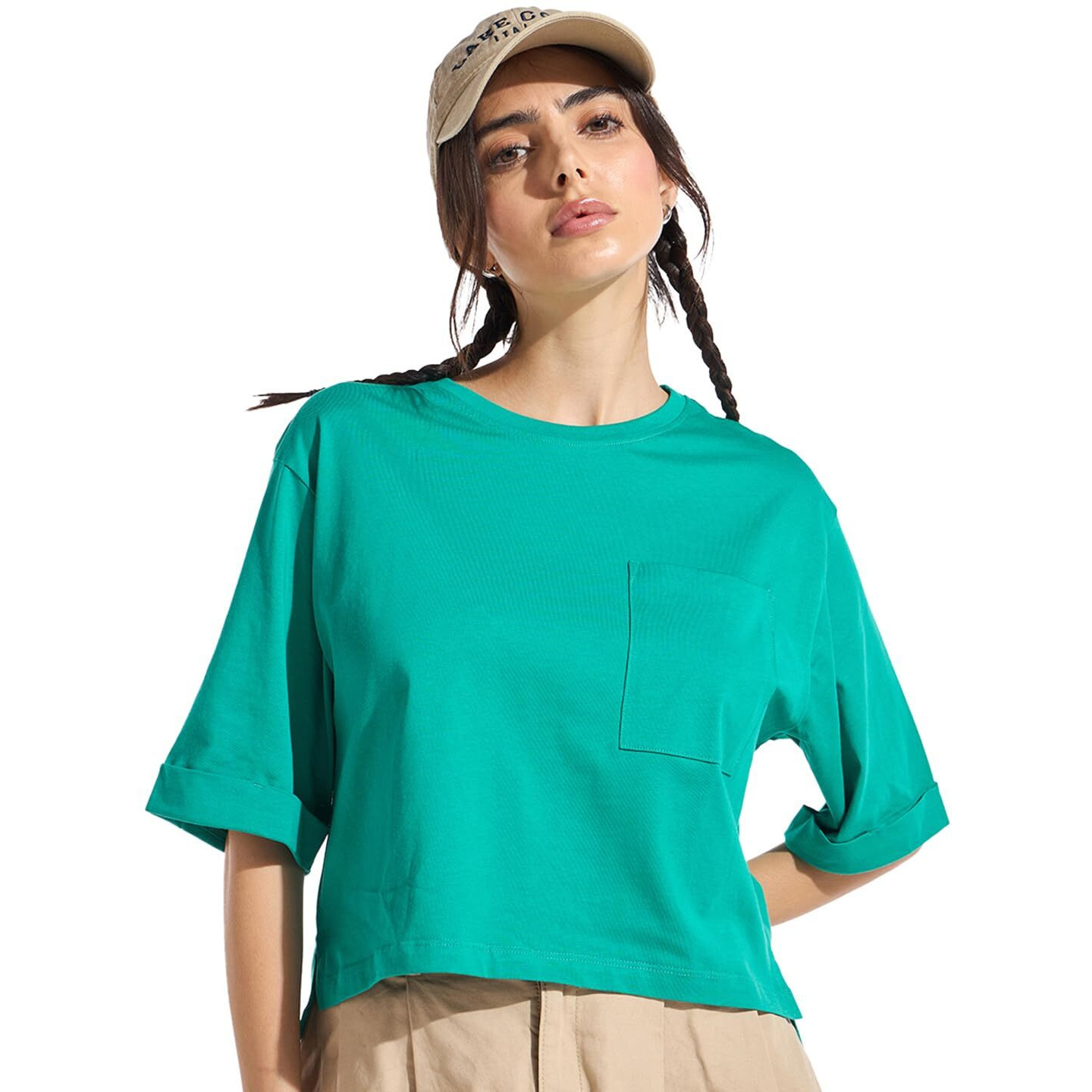 Bewakoof Women's Solid Oversized Fit Half Sleeve Round Neck Cotton Crop_637360_Green_L