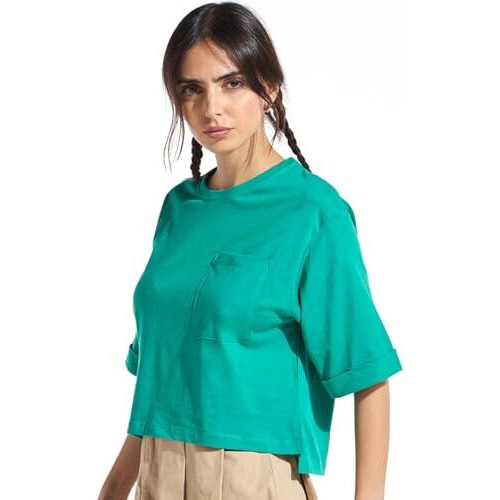 Bewakoof Women's Solid Oversized Fit Half Sleeve Round Neck Cotton Crop_637360_Green_L
