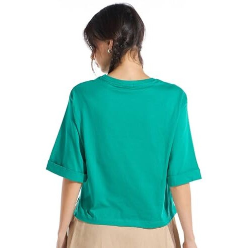 Bewakoof Women's Solid Oversized Fit Half Sleeve Round Neck Cotton Crop_637360_Green_L