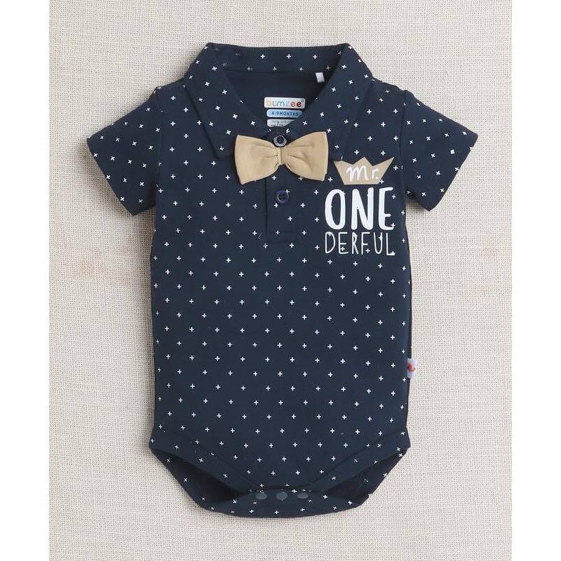 Bumzee Baby Boys Cotton Bodysuit & Short Set With Bow Suspender & Cap Navy & Beige - 9-12 Months