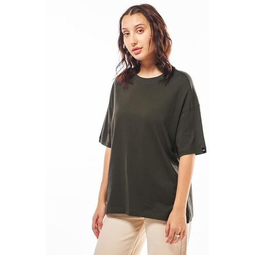 Bewakoof Women's Solid Oversized Fit Half Sleeve Round Neck Cotton T-Shirt_564851_Brown_S