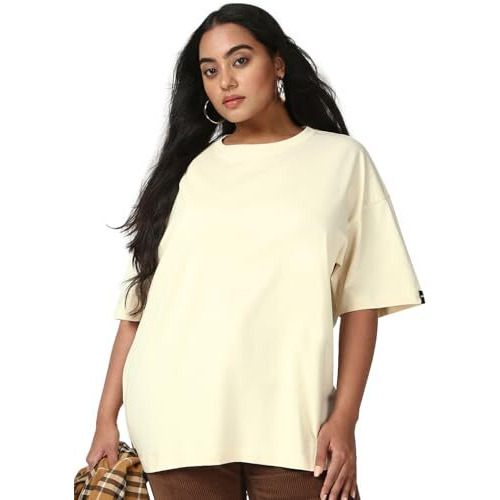 Bewakoof Women's Solid Oversized Fit Half Sleeve Round Neck Cotton Jersey Plus Size T-Shirt_659438_Beige_5Xl