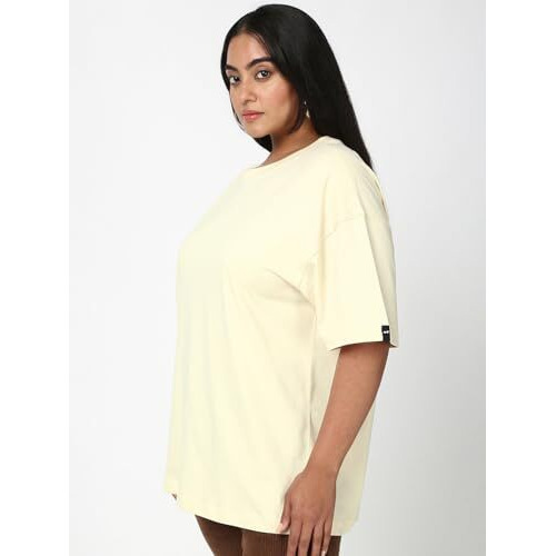 Bewakoof Women's Solid Oversized Fit Half Sleeve Round Neck Cotton Jersey Plus Size T-Shirt_659438_Beige_5Xl