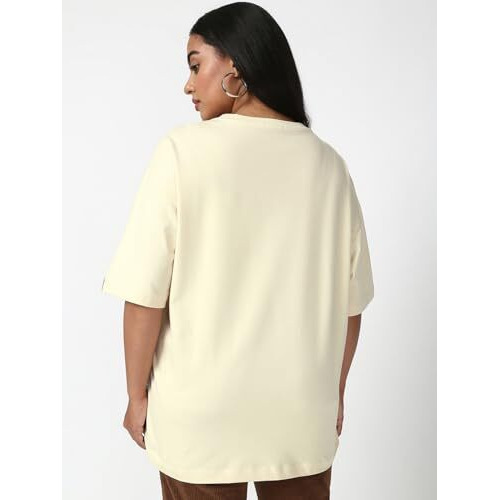 Bewakoof Women's Solid Oversized Fit Half Sleeve Round Neck Cotton Jersey Plus Size T-Shirt_659438_Beige_5Xl