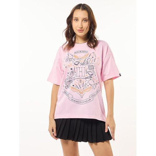 Bewakoof Heavy Duty 1.0 Official Harry Potter Merchandise Hogwarts Sigil Women's Graphic Print Oversized Fit Half Sleeve Round Neck Terry T-Shirt_629436_Pink_3Xl