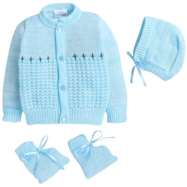 Bumzee Aqua Baby Boys Full Sleeves Woolen Sweater With Cap & Socks Age - 6-12 Months (Peb10064D-Abl)