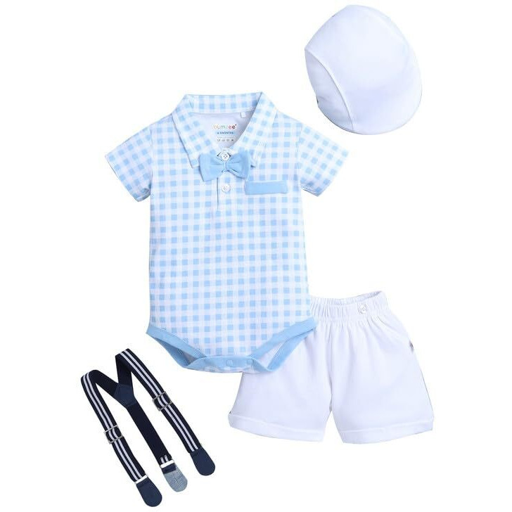 Bumzee Baby Boys Cotton Bodysuit & Short Set With Bow Suspender & Cap Blue & White - 3-6 Months