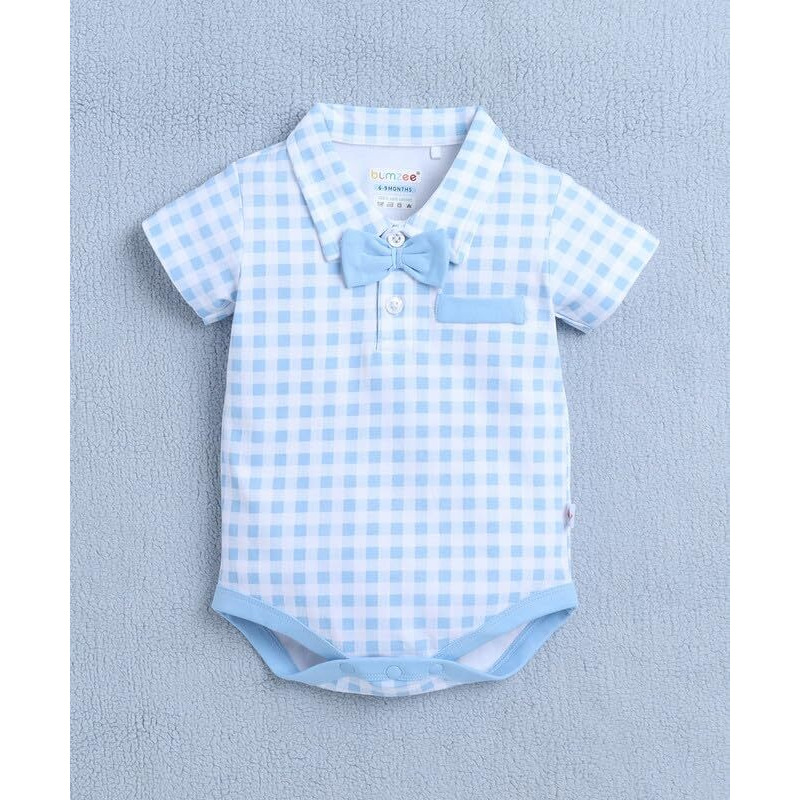 Bumzee Baby Boys Cotton Bodysuit & Short Set With Bow Suspender & Cap Blue & White - 3-6 Months