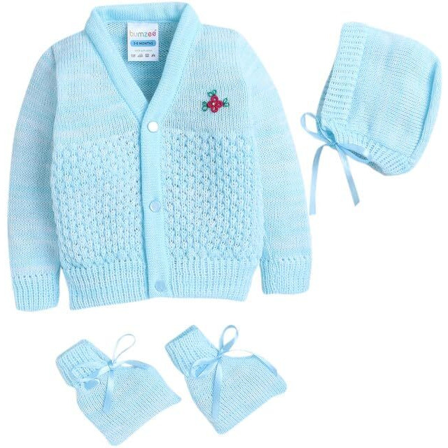 Bumzee Aqua Baby Boys Full Sleeves Woolen Sweater With Cap & Socks Age - 0-3 Months (Peb10059B-Abl)