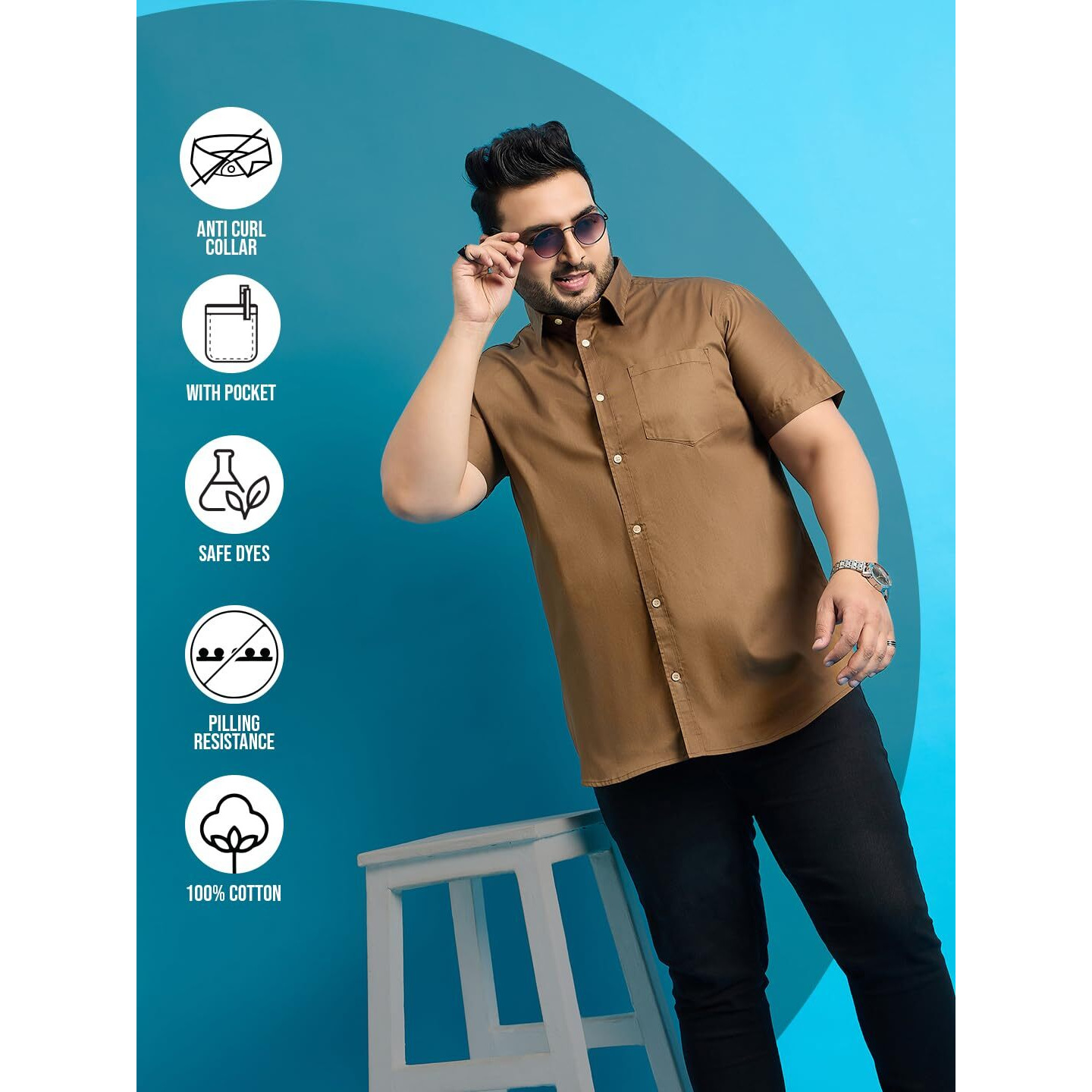 Bigbanana Plus Size Men's Regular Fit Solid Shirt (Zenzo-Khakhi,Khaki,3Xl)