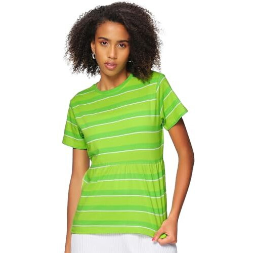 Bewakoof Women's Striped Regular Fit Half Sleeve Round Neck Cotton Top_502771_Green_Xs