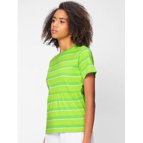 Bewakoof Women's Striped Regular Fit Half Sleeve Round Neck Cotton Top_502771_Green_Xs