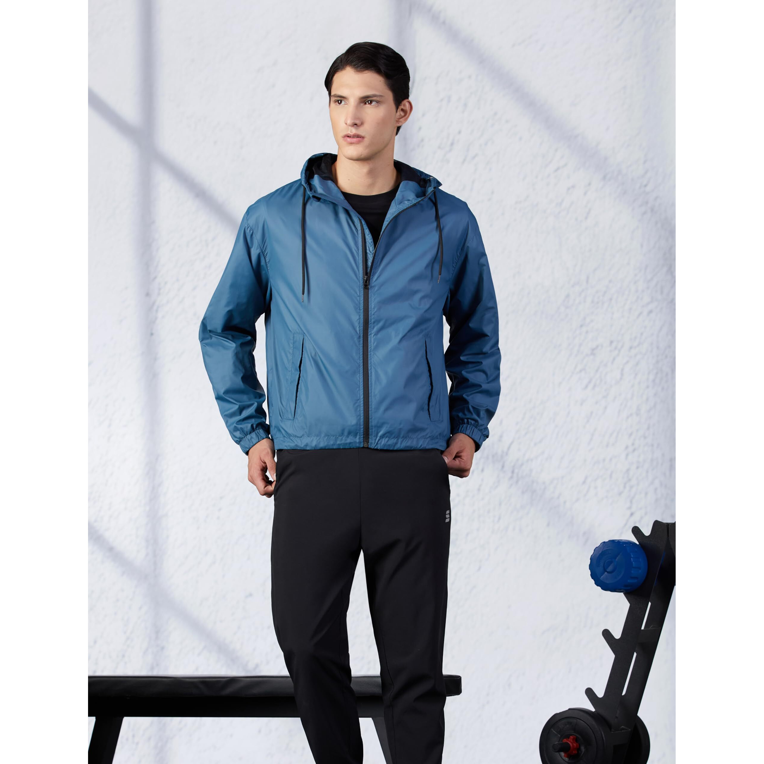 Bewakoof Air 1.0 Men's Solid Oversized Fit Full Sleeve Hooded Neck Nylon Windcheater Jacket_ 620120 Blue Xl