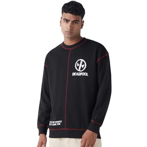 Bewakoof Official Marvel Merchandise Marvel Men Graphic Print Oversized Fit Full Sleeve Round Neck Cotton Terry Sweatshirt_648784_Black_L