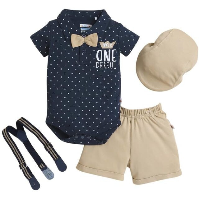 Bumzee Baby Boys Cotton Bodysuit & Short Set With Bow Suspender & Cap Navy & Beige - 3-6 Months
