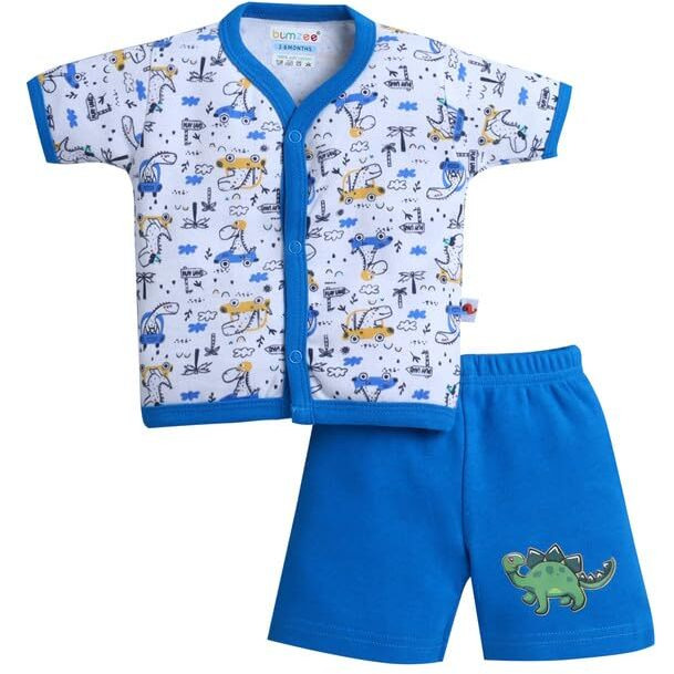 Bumzee Baby Boys Cotton Half Sleeves Jabla & Short Set Blue & White - 9-12 Months (Peb10587E-Blu)