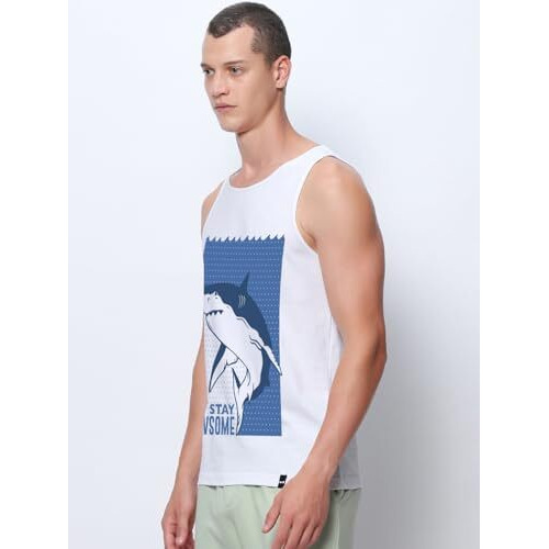 Bewakoof Men's Graphic Print Regular Fit Sleeveless Round Neck Cotton Vest_671323_White_S