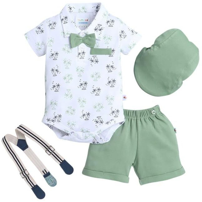 Bumzee Baby Boys Cotton Bodysuit & Short Set With Bow Suspender & Cap White & Green - 6-9 Months