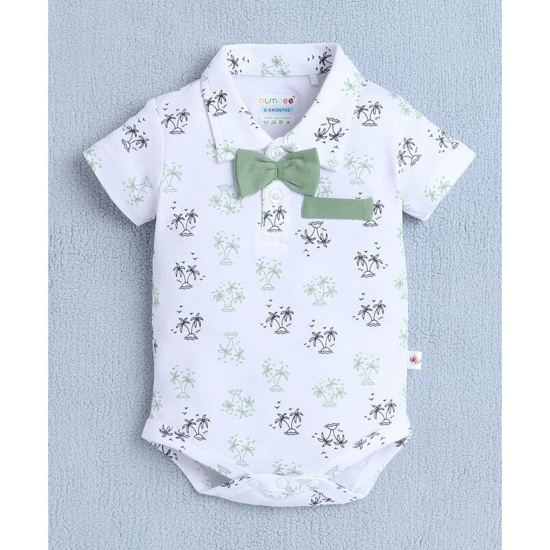 Bumzee Baby Boys Cotton Bodysuit & Short Set With Bow Suspender & Cap White & Green - 6-9 Months