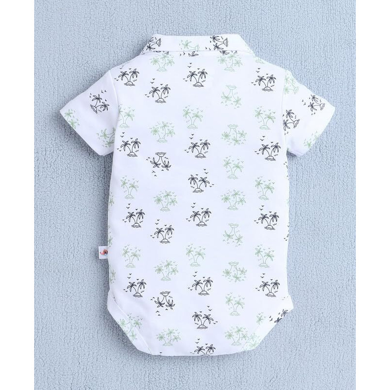 Bumzee Baby Boys Cotton Bodysuit & Short Set With Bow Suspender & Cap White & Green - 6-9 Months