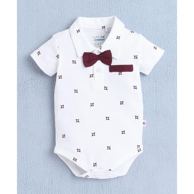 Bumzee Baby Boys Cotton Bodysuit & Short Set With Bow Suspender & Cap White & Maroon - 0-3 Months