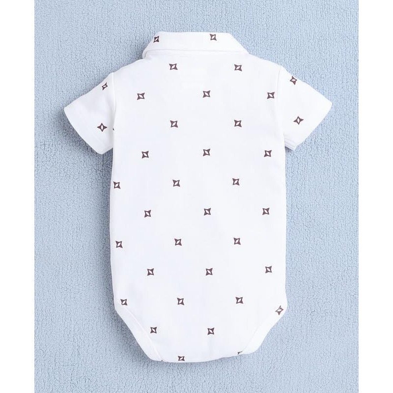 Bumzee Baby Boys Cotton Bodysuit & Short Set With Bow Suspender & Cap White & Maroon - 0-3 Months