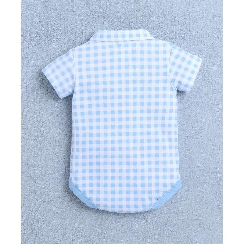 Bumzee Baby Boys Cotton Bodysuit & Short Set With Bow Suspender & Cap Blue & White - 0-3 Months