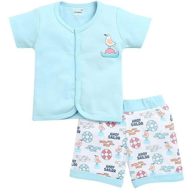Bumzee Baby Boys Cotton Half Sleeves Jabla & Short Set Sky Blue & White - 9-12 Months (Peb10218E-Sbl)