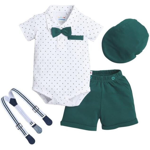 Bumzee Baby Boys Cotton Bodysuit & Short Set With Bow Suspender & Cap White & Bottle Green - 0-3 Months