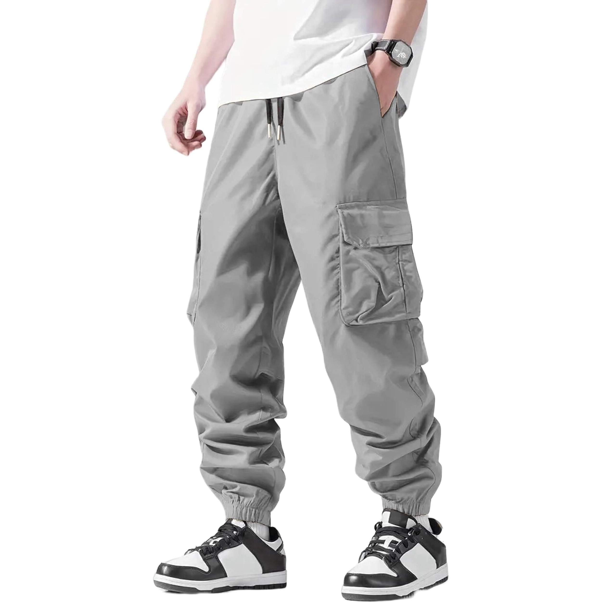 Indoprimo Men's Cotton Cargo Trouser With Pockets Solid Pattern Regular Fit Mid Rise Style Drawstring Closure And Standard Length