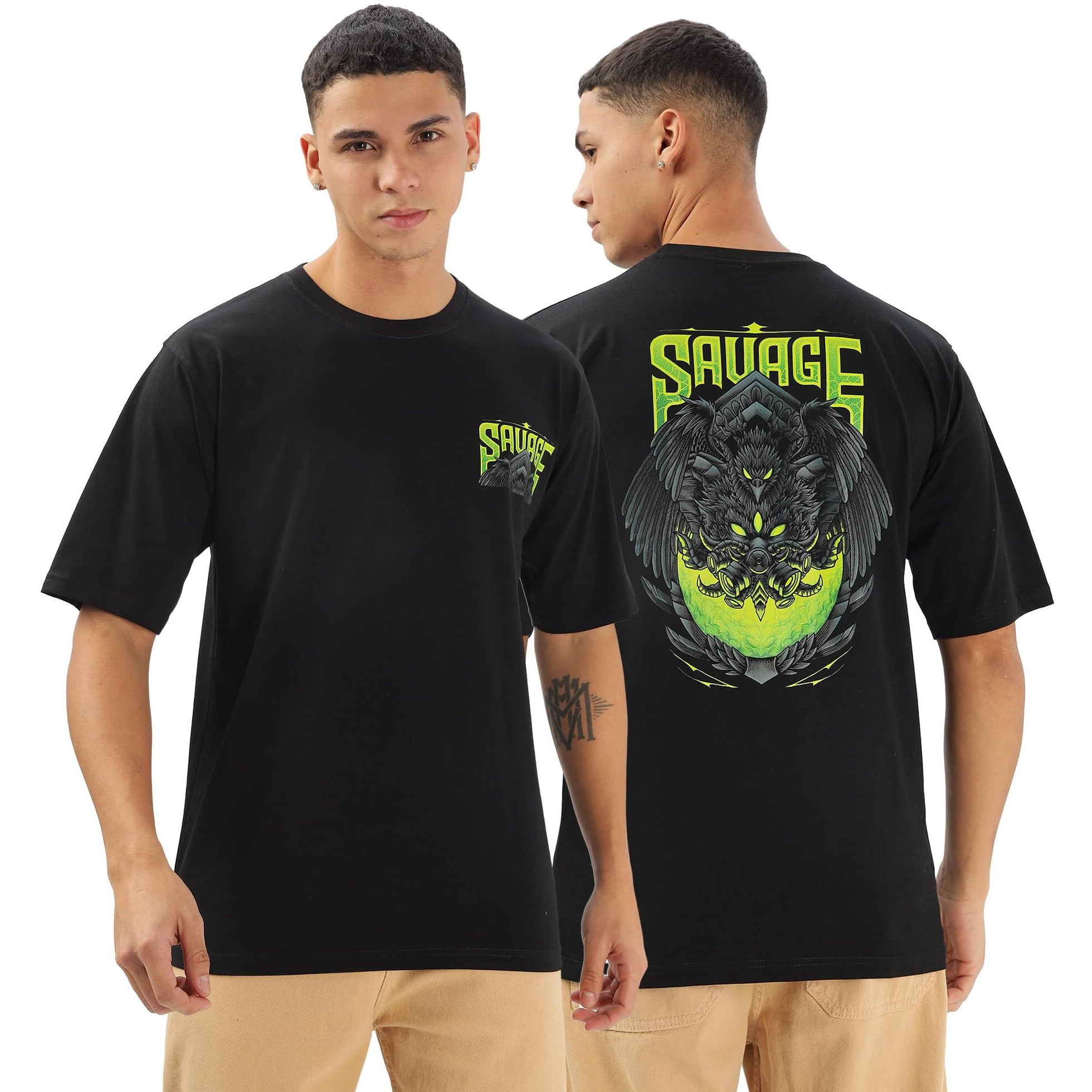 Kyda 100% Super Combed Cotton Relaxed Fit Drop Shoulder Printed Men's Black Tshirt - (Not Too Loose, Not Too Tight)