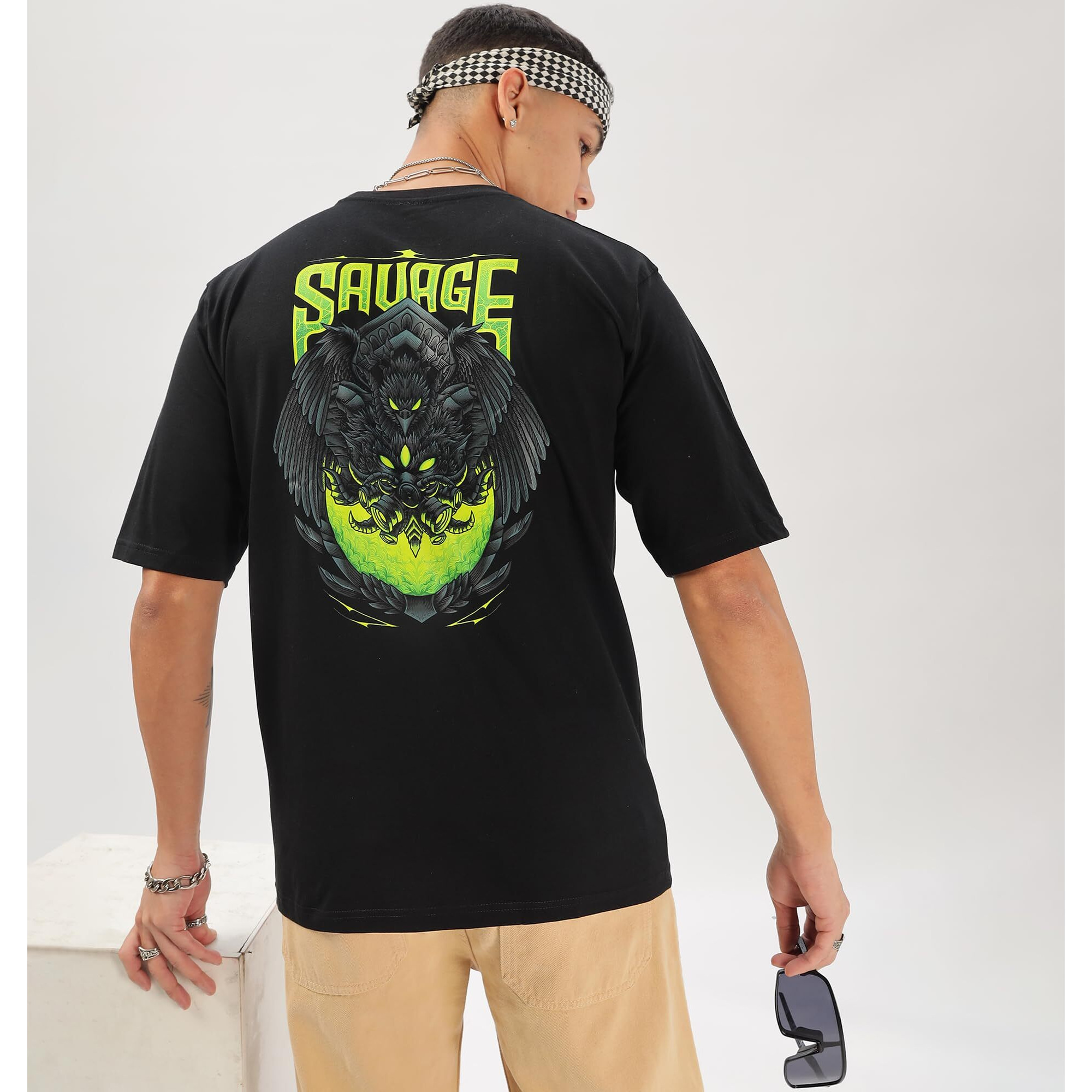 Kyda 100% Super Combed Cotton Relaxed Fit Drop Shoulder Printed Men's Black Tshirt - (Not Too Loose, Not Too Tight)