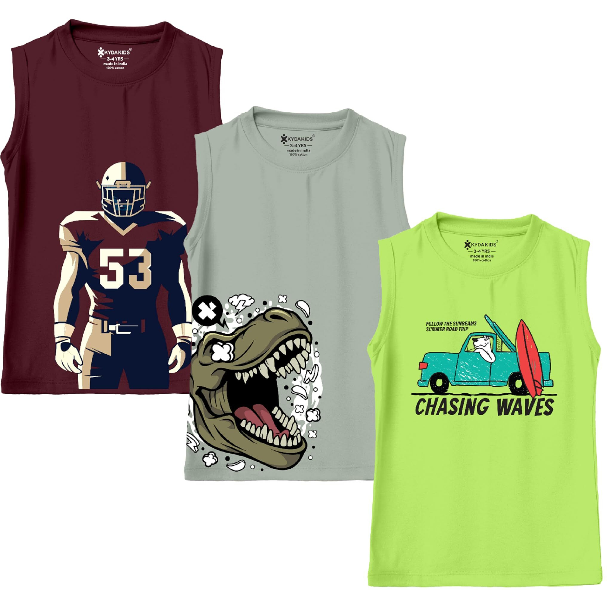 Kyda Kids 100% Cotton Bio Washed Premium Printed Boys Sleeveless Loose Fit Tshirt - Antibacterial Boys Vest - Pack Of 3