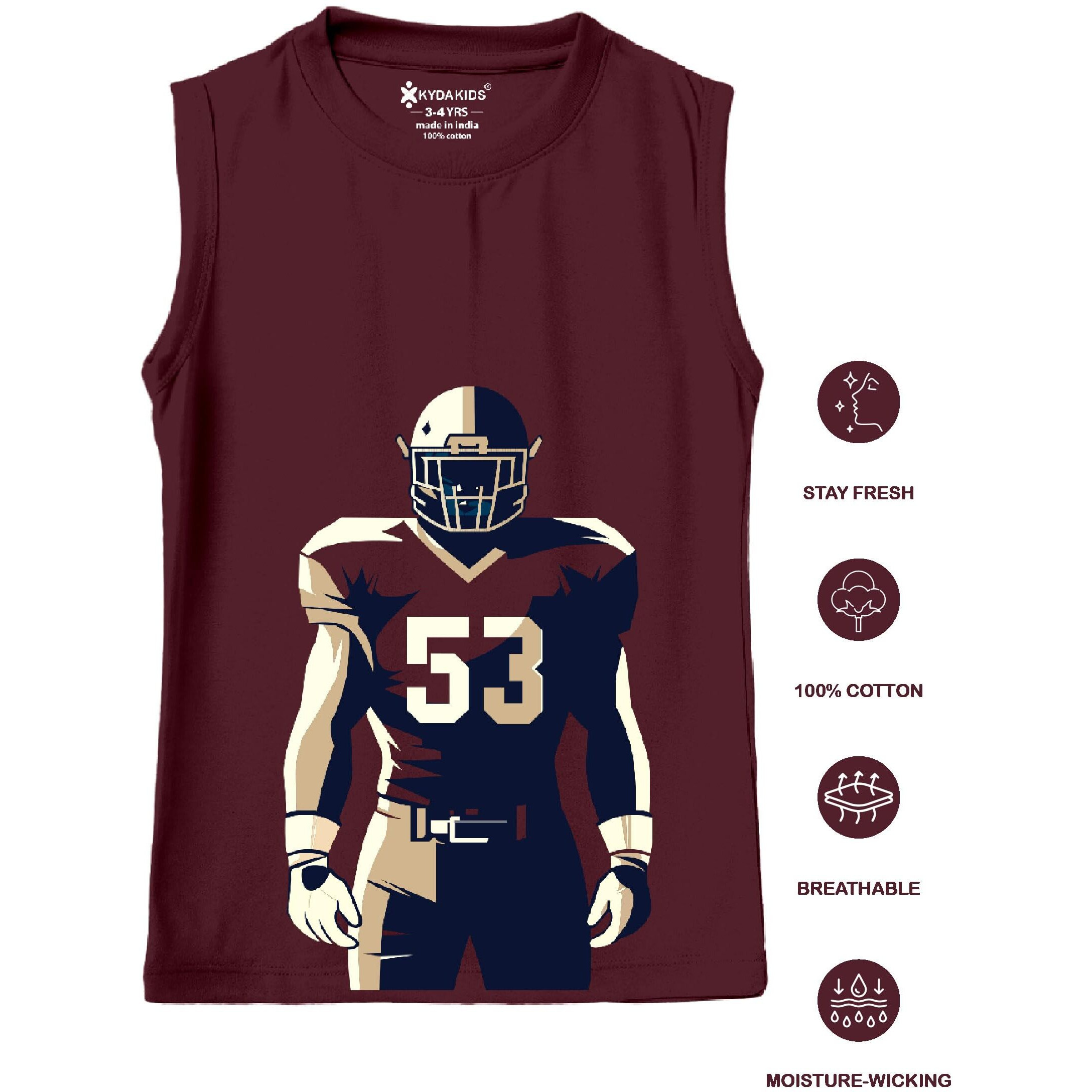 Kyda Kids 100% Cotton Bio Washed Premium Printed Boys Sleeveless Loose Fit Tshirt - Antibacterial Boys Vest - Pack Of 3